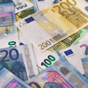 A collection of different denomination Euro notes
