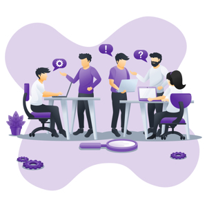 A purple illustration showing a team of five people working together at two desks on laptops